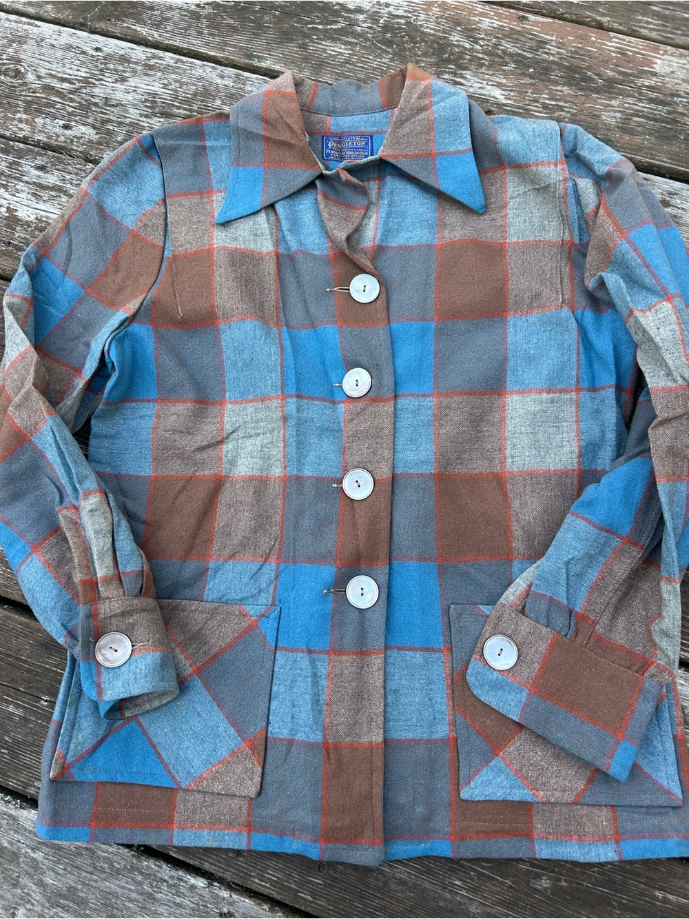 Pendleton Vintage 49er wool Jacket Blue & Brown Plaid Womens medium